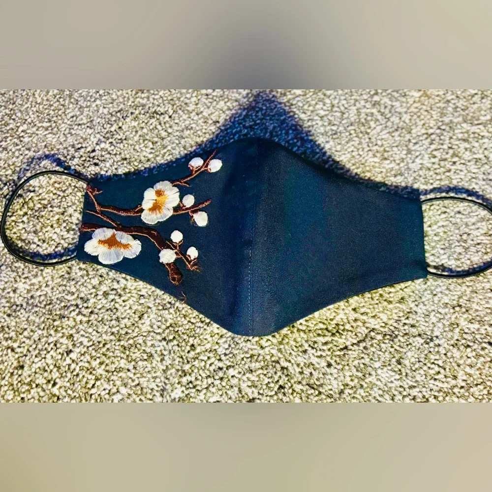 Reusable Polyester Floral Embroidered Face Covering | OS | Handmade | Navy |